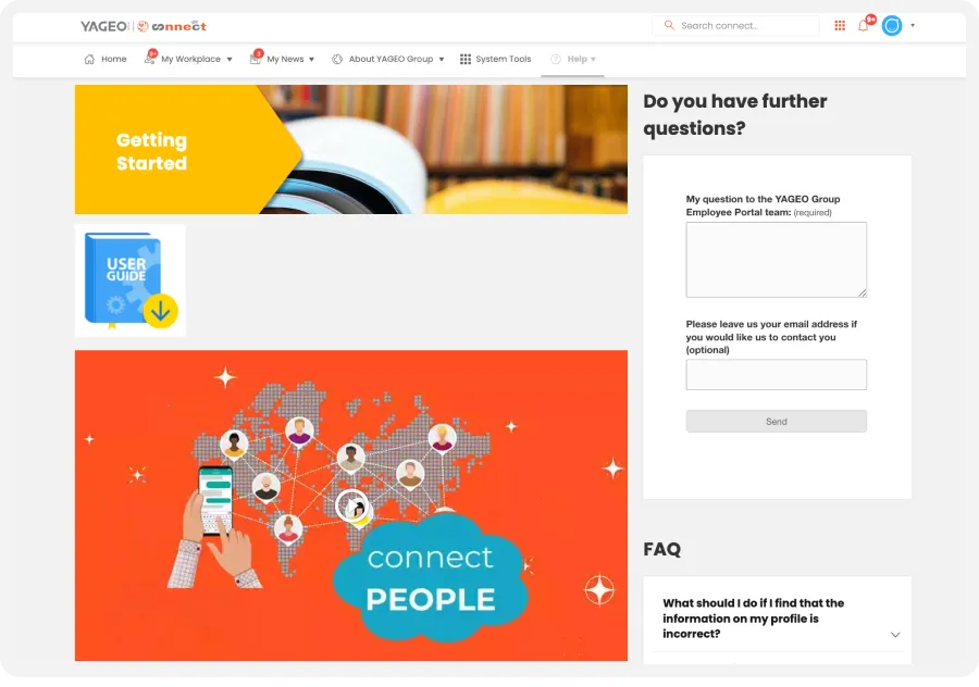 Website page with a "Getting Started" guide, user guide download, question form, and a "Connect People" graphic featuring a world map.