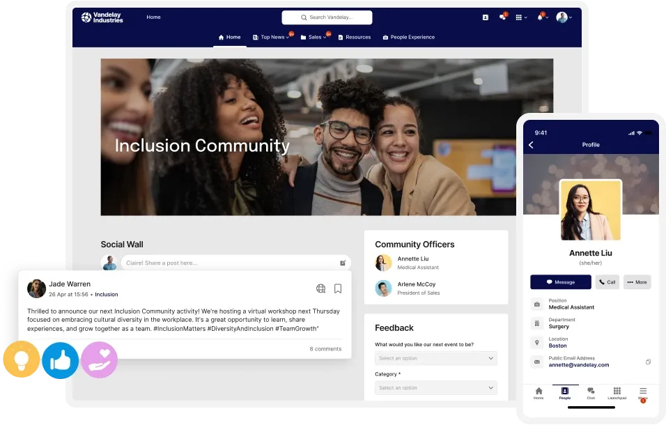 A digital platform interface showing an "Inclusion Community" page with a group photo, posts, community officers, and a user profile on a mobile view.
