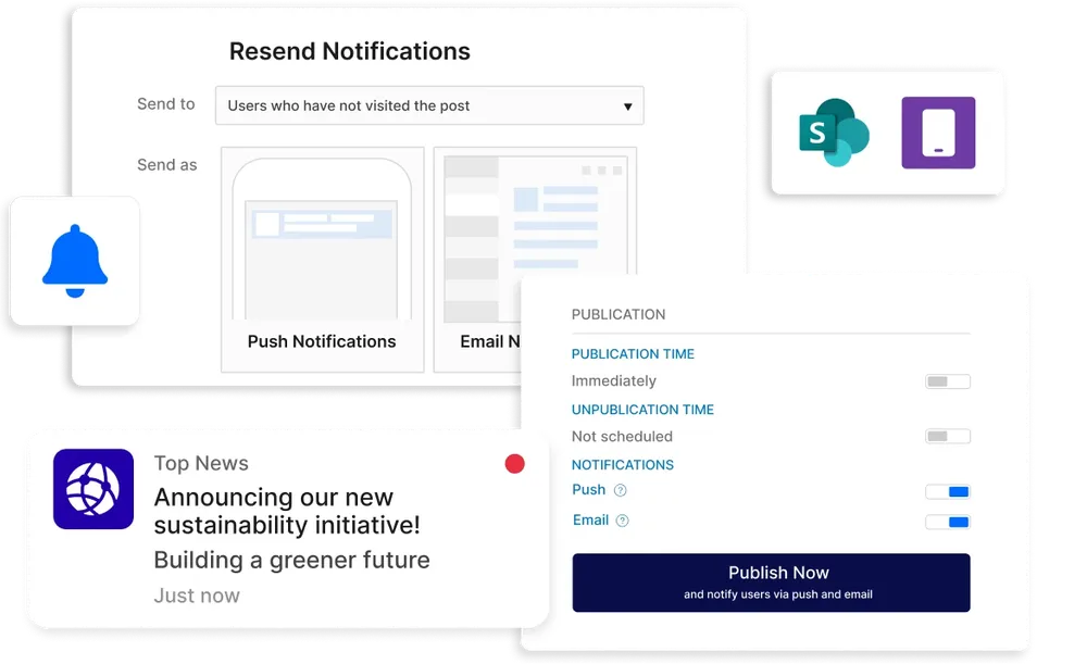 Collage of notification settings, including push and email options, with icons for SharePoint, Teams, and a bell symbol.