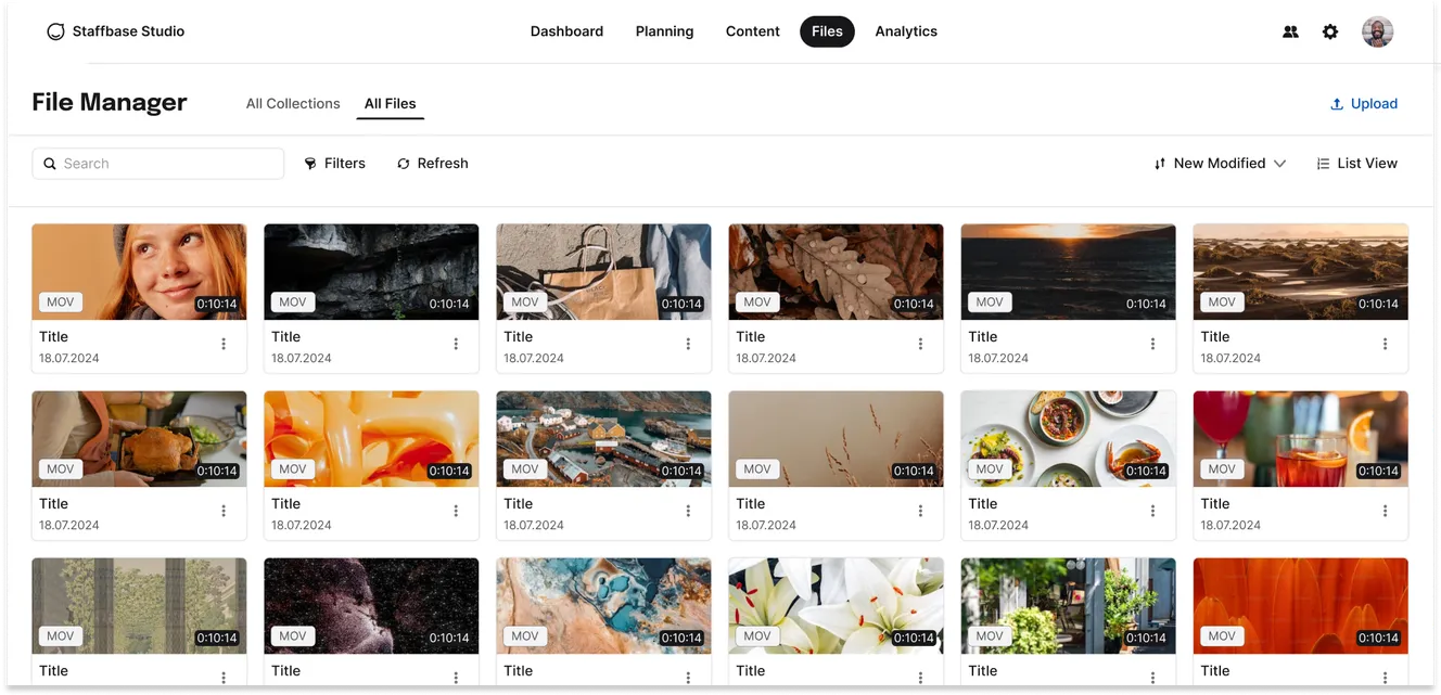 File manager interface showing a grid of video thumbnails with titles and dates, under the "Files" tab in a software application.
