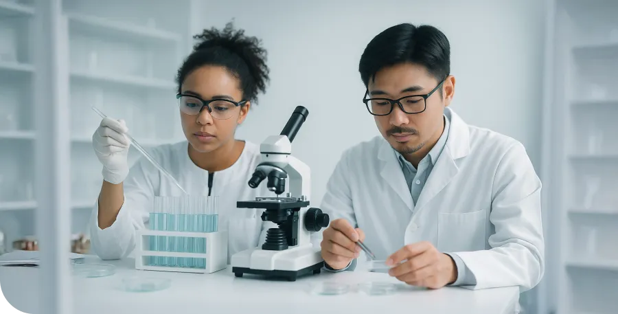 Two scientists in lab coats work with test tubes and a microscope in a laboratory setting.