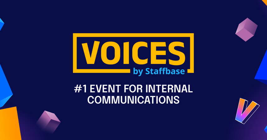 "VOICES by Staffbase" logo with text: "#1 Event for Internal Communications" on a dark background with colorful geometric shapes.