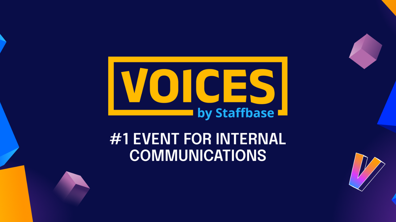 "VOICES by Staffbase" logo with text: "#1 Event for Internal Communications" on a dark background with colorful geometric shapes.