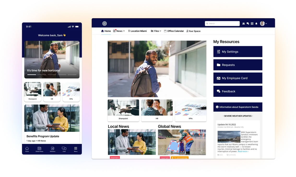 Mobile and desktop screens showing a user-friendly employee portal with news, resources, and a navigation menu.
