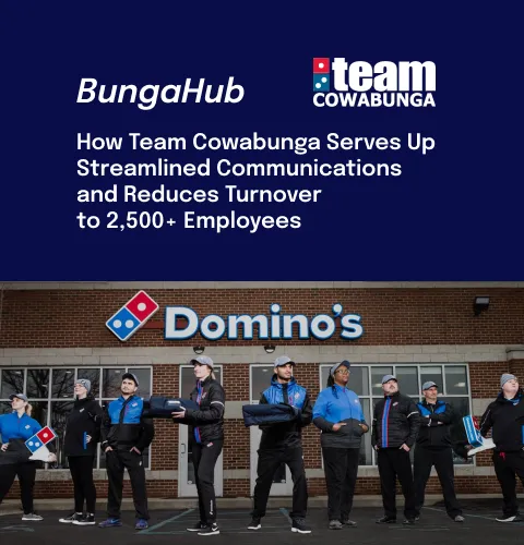 People with pizza outside the building