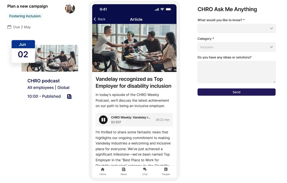 Collage of a calendar, podcast article on disability inclusion, and a form titled "CHRO Ask Me Anything" with a category dropdown.