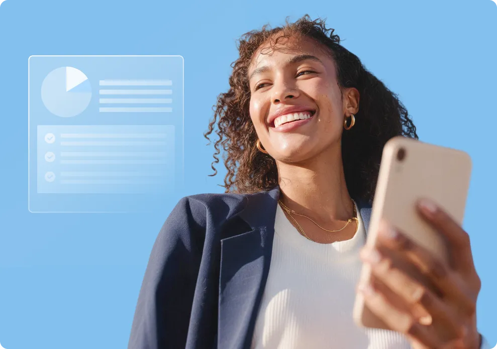 Smiling woman holding a smartphone, standing against a blue background with a transparent graphic of a chart and checklist.