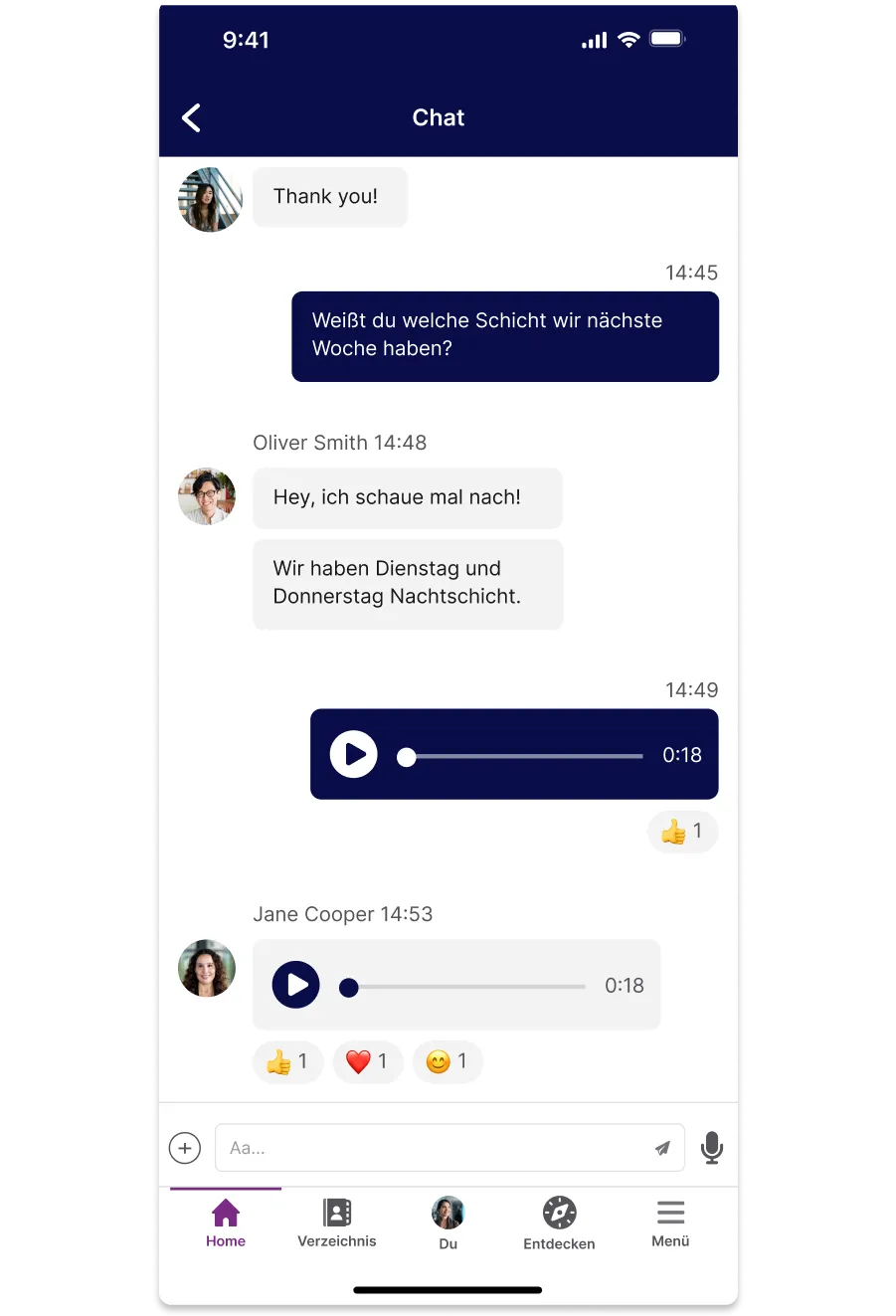 A chat app screen showing a conversation about work shifts, with text and voice messages, and options to like or reply.