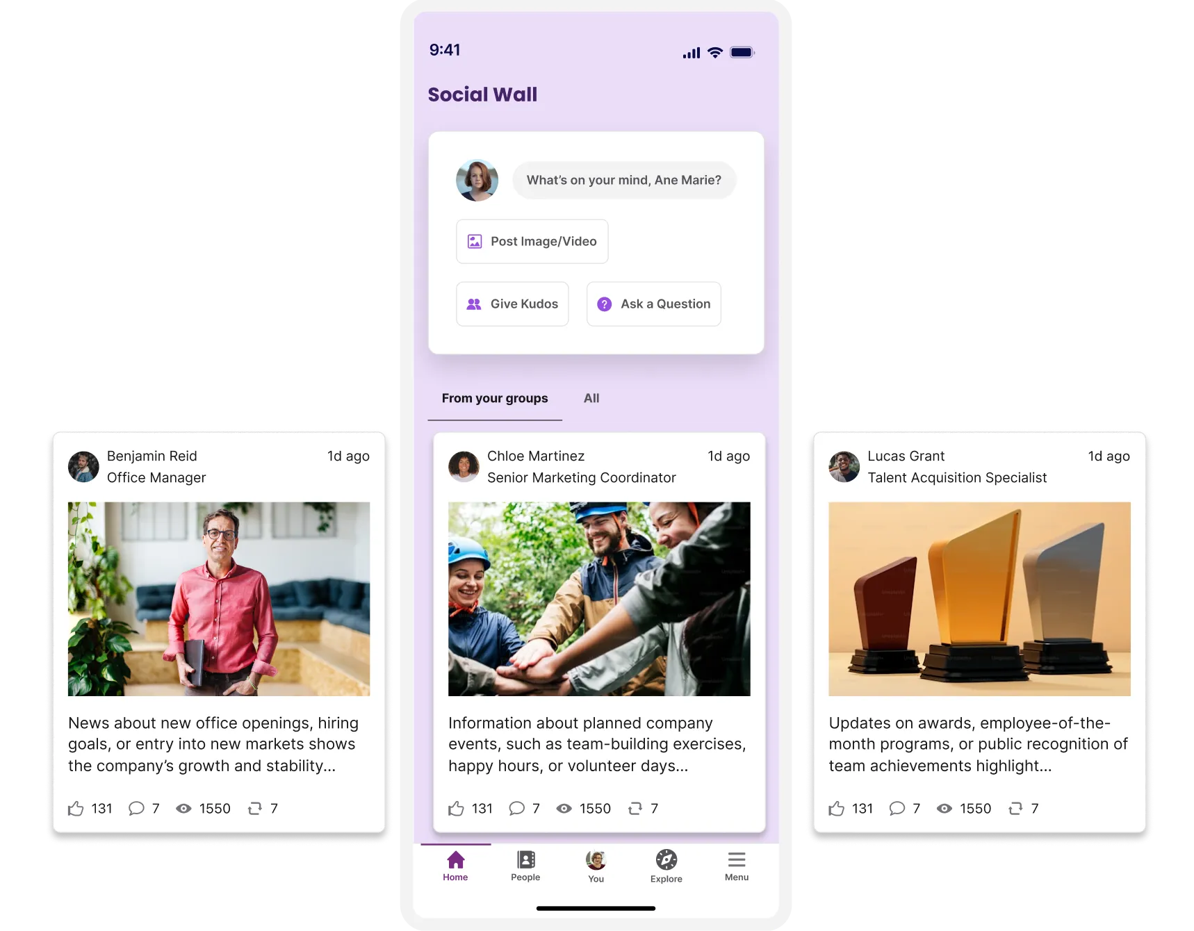 Mobile app interface showing a social wall with posts by office staff, featuring images of people collaborating and awards on a table.