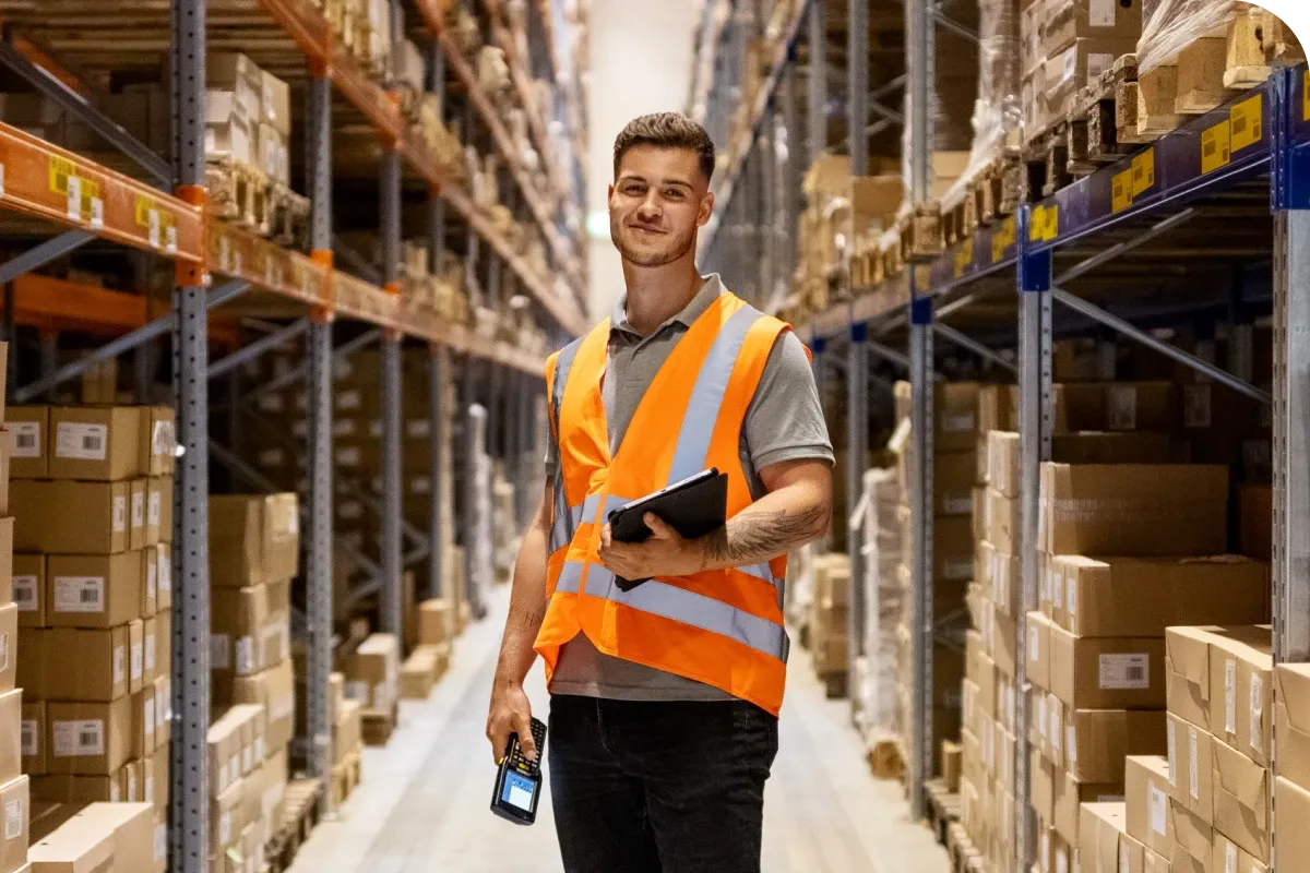 A warehouse worker in an orange safety vest holds a tablet and scanner, standing in an aisle lined with shelves of boxes.