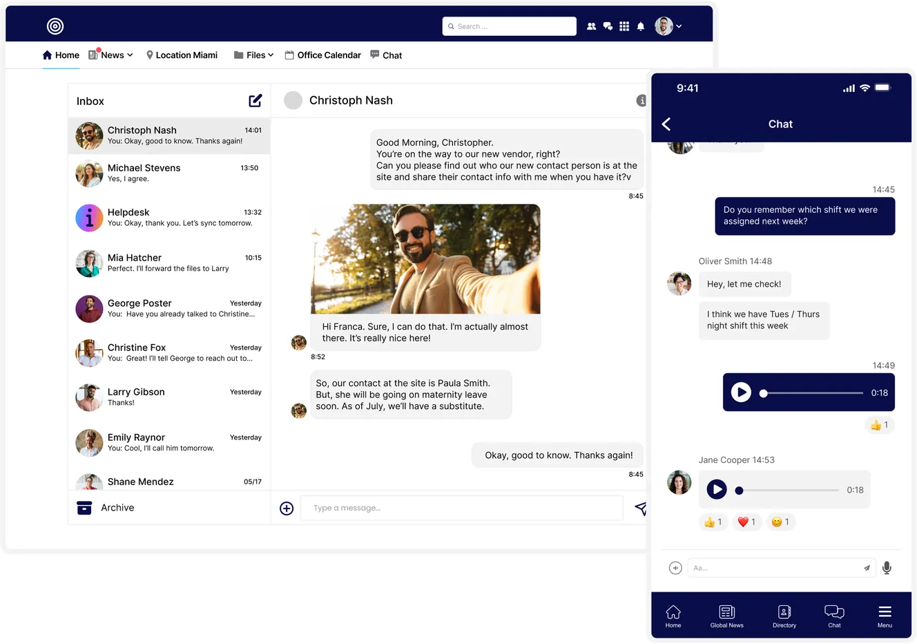 A desktop and mobile interface displaying a messaging app with chat conversations and an inbox.