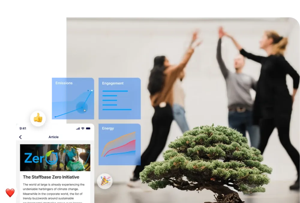 A group of people high-fiving, with graphs labeled Emissions, Engagement, Energy, and a small tree in the foreground.