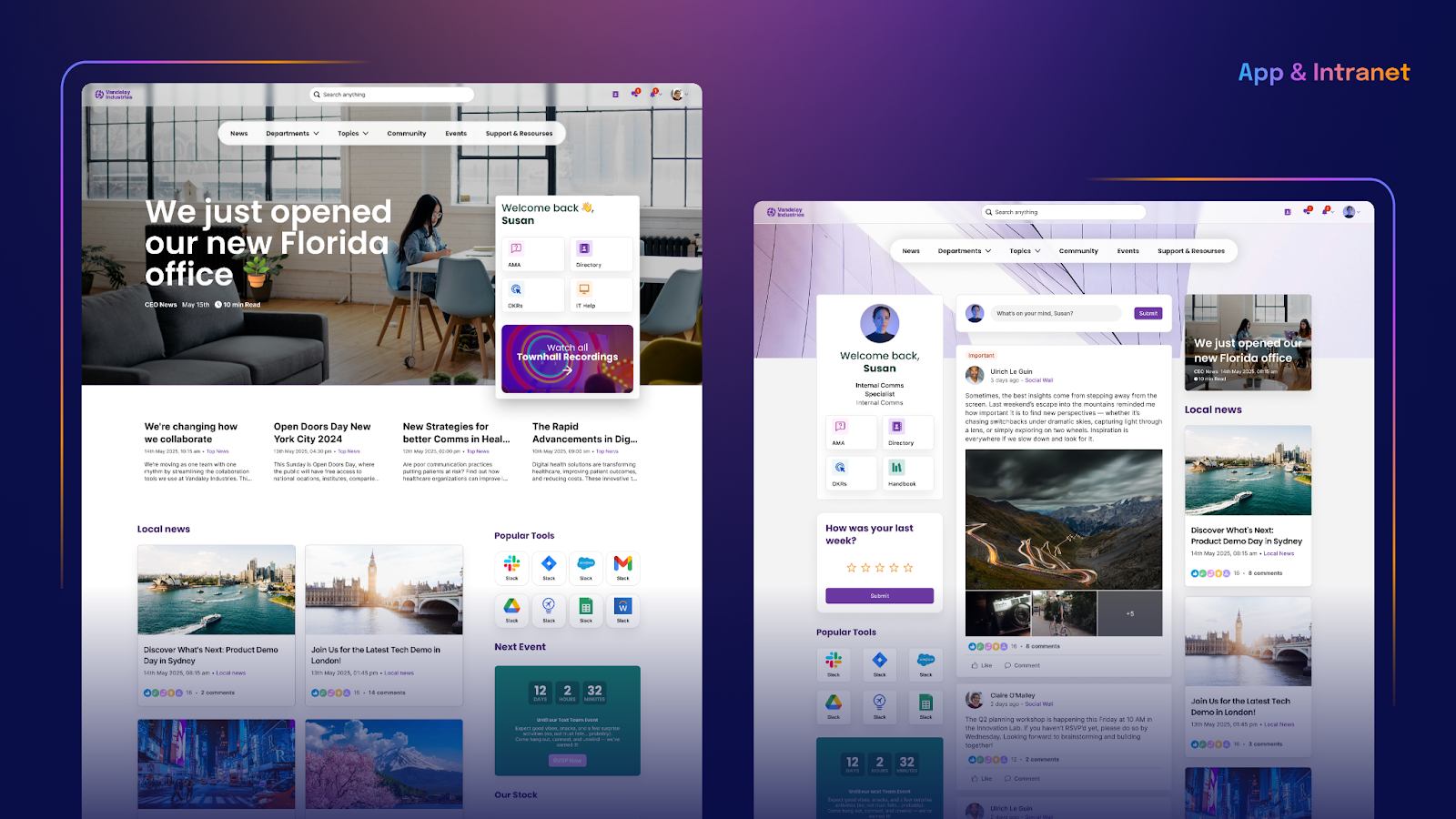 Split-screen image of a website interface showing a homepage with news, tools, and a dashboard with user profile and notifications.