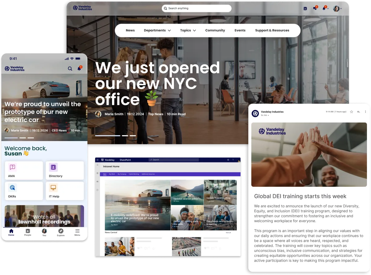 Collage of digital screens showing a company website, mobile interface, and internal communications, featuring news, updates, and employee resources.