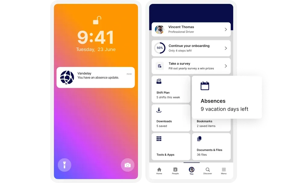 Smartphone screens showing a notification about an absence update and an app interface with options like surveys, shift plans, and vacation days.