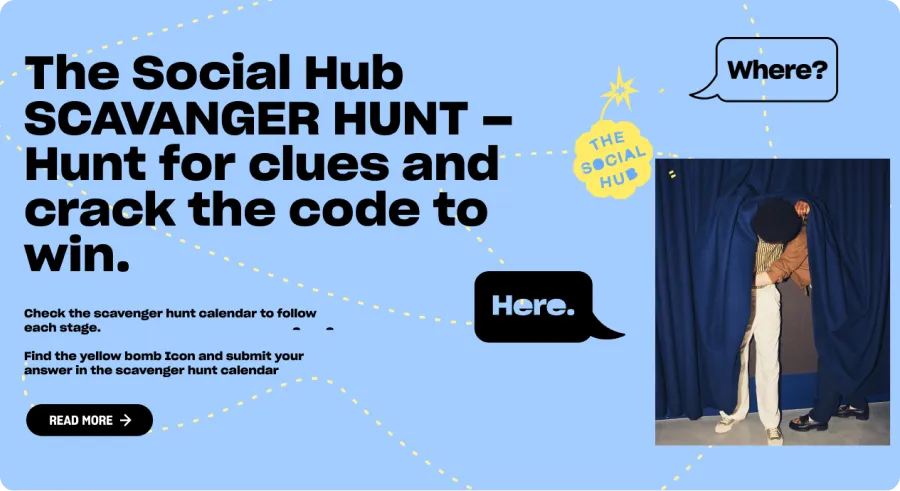 Promotional image for "The Social Hub Scavenger Hunt" with text and a photo of two people posing against a blue curtain.