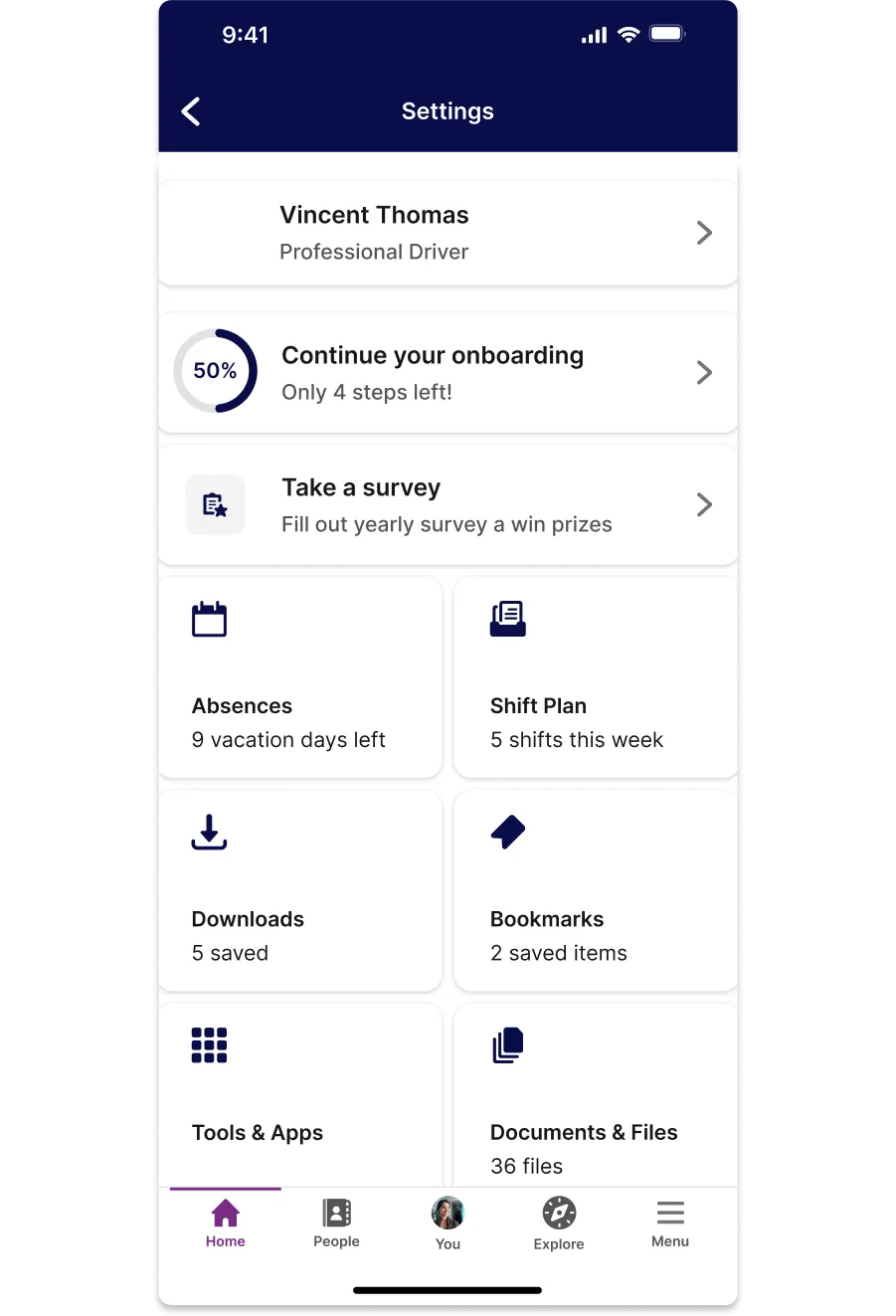 Mobile app settings screen showing user profile, onboarding progress, survey prompt, and options for absences, shift plan, downloads, and more.