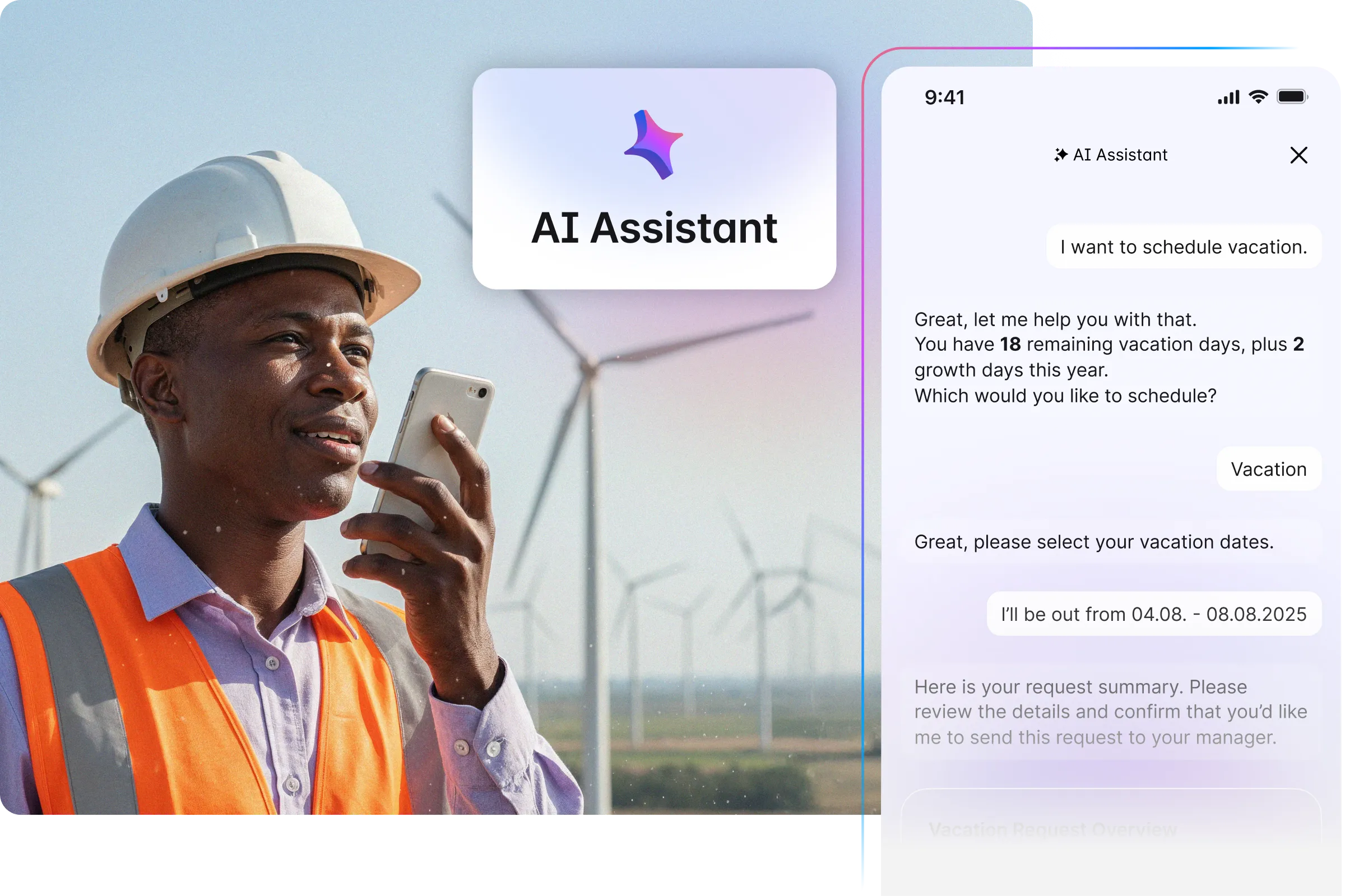 A worker in a hard hat uses a smartphone near wind turbines. A digital assistant schedules vacation days on the phone screen.