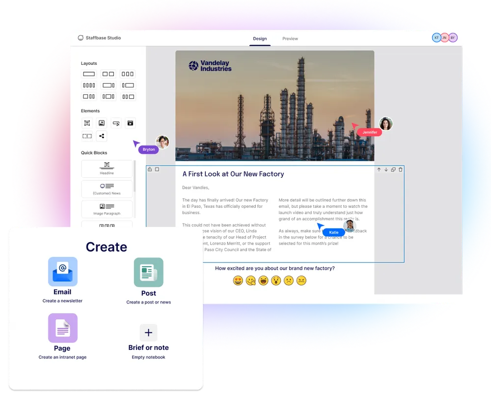 Digital design interface showing a newsletter about a factory, with editing tools and options for creating emails, posts, and pages.