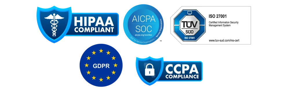 Various compliance badges, including HIPAA, AICPA SOC, ISO 27001, GDPR, and CCPA, indicating data security and privacy standards.