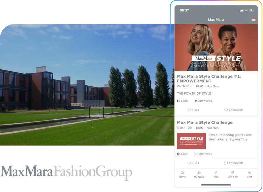 Modern building with expansive; mobile screen on right showing Max Mara Style Challenge posts featuring an employee app, with updates and news.