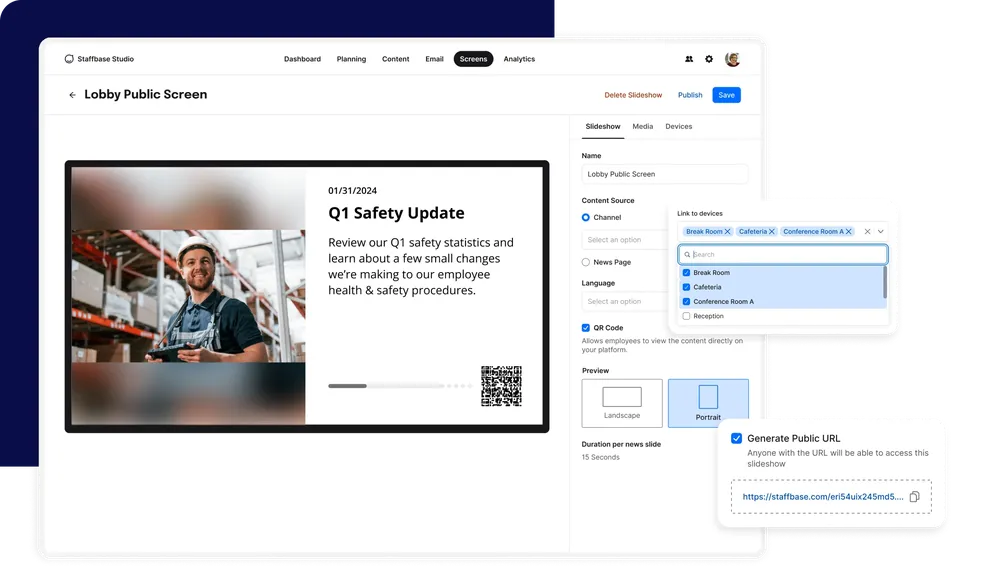 A digital interface displaying a safety update with a worker's photo, content settings, and options to share via email or public URL.