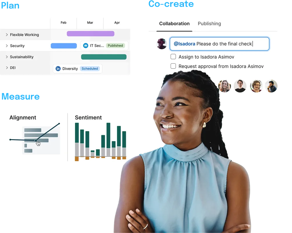 Smiling woman stands beside a project management dashboard showing planning, collaboration, and measurement sections with charts and tasks.