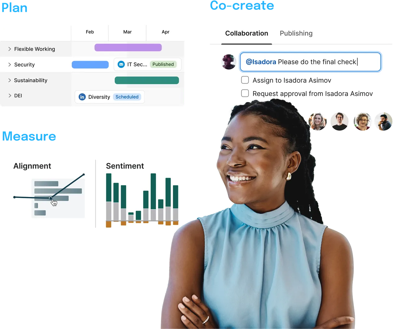 Smiling woman stands beside a project management dashboard showing planning, collaboration, and measurement sections with charts and tasks.