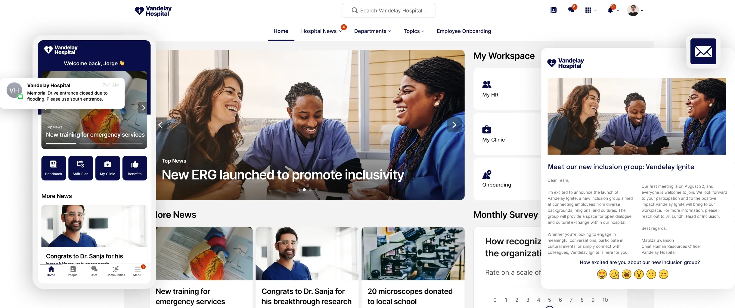 Hospital intranet homepage featuring diverse medical staff, news updates, and a sidebar with workspace tools and notifications.