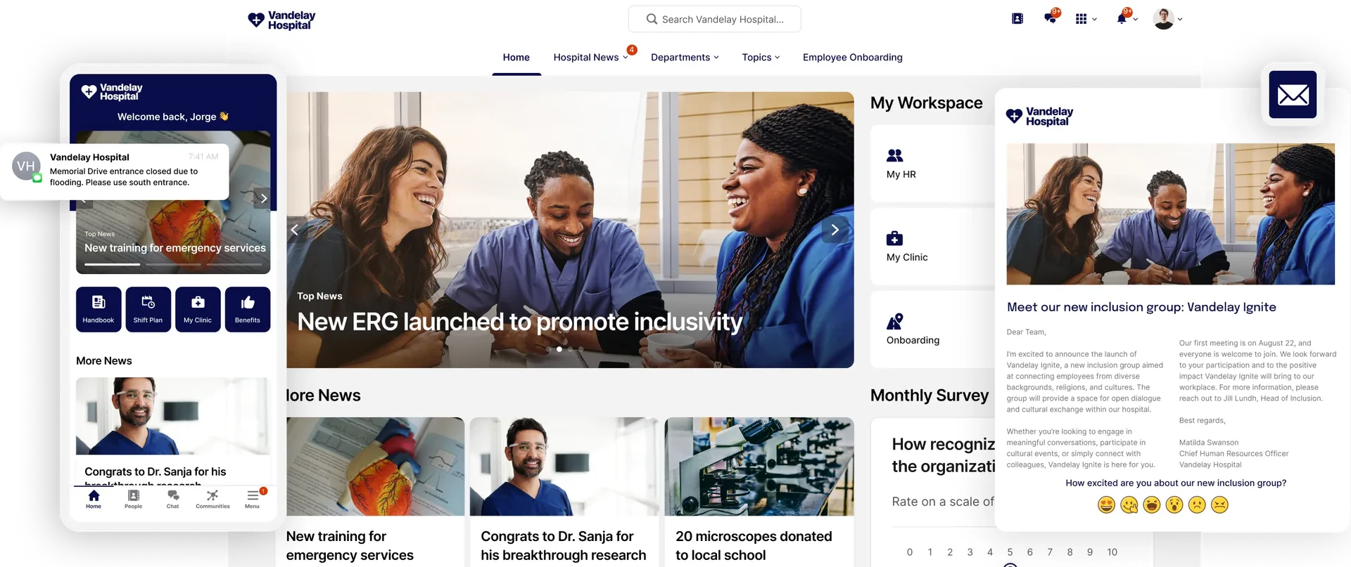 Hospital intranet homepage featuring diverse medical staff, news updates, and a sidebar with workspace tools and notifications.