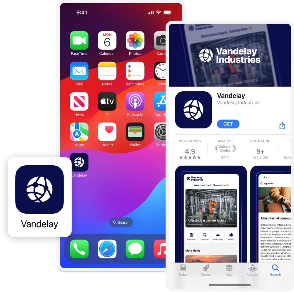 Smartphone screen showing the Vandelay Industries app icon and App Store page with a 4.9 rating and download option.
