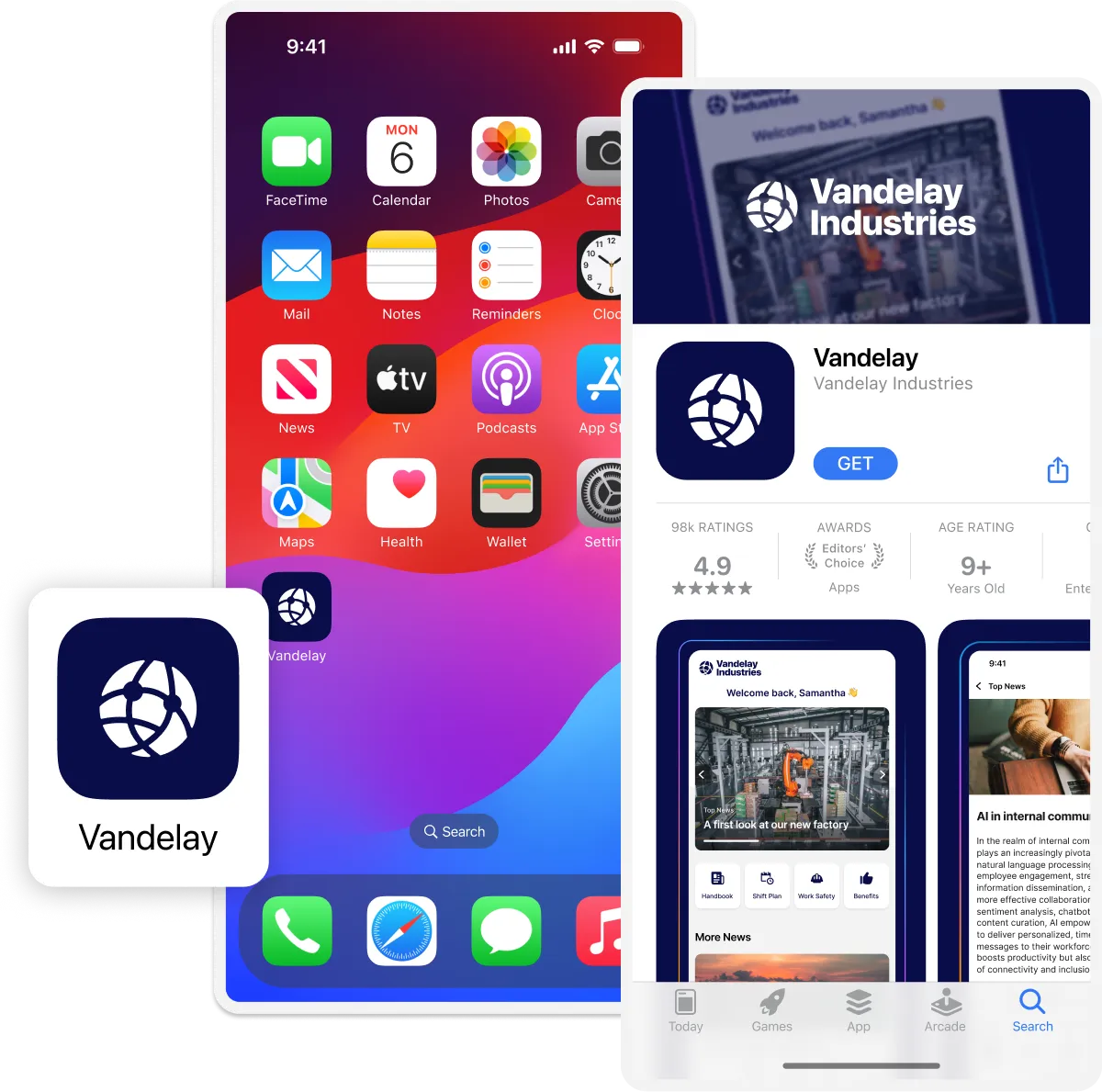 Smartphone screen showing the Vandelay Industries app icon and App Store page with a 4.9 rating and download option.