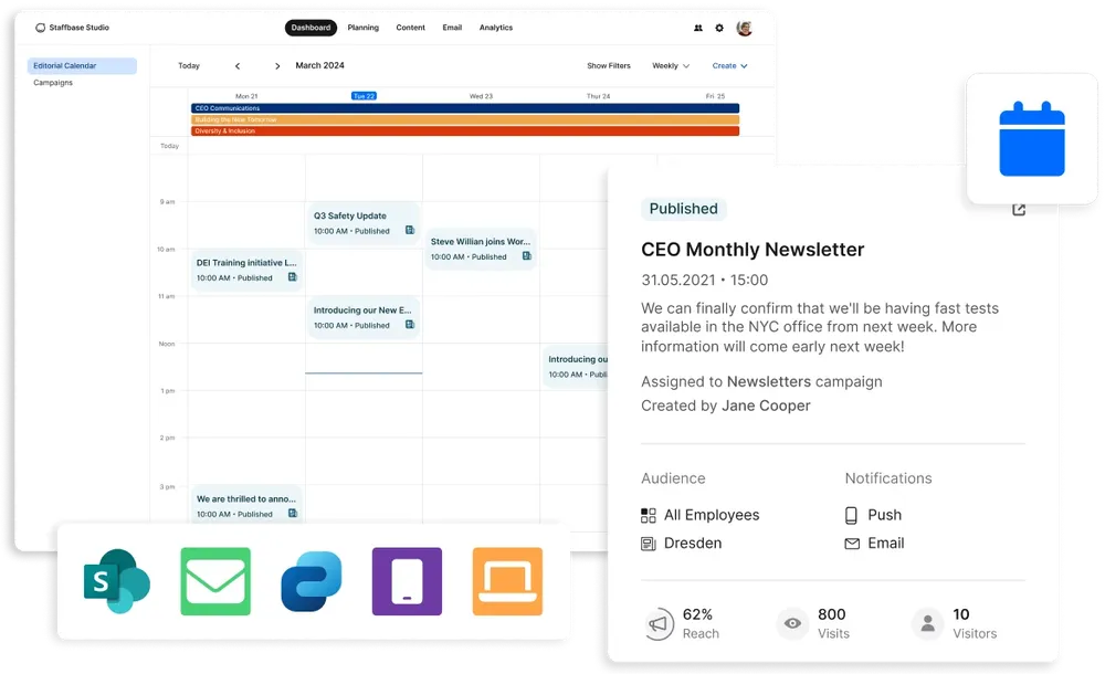 A digital calendar interface showing scheduled events, with icons for email, chat, and notifications. A published newsletter details are highlighted.