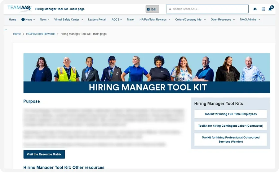 Webpage titled "Hiring Manager Tool Kit" with diverse group of people in work attire and navigation menu at the top.