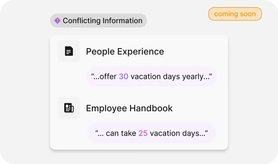 Diagram showing conflicting information: People Experience offers 30 vacation days yearly, while Employee Handbook states 25 days.