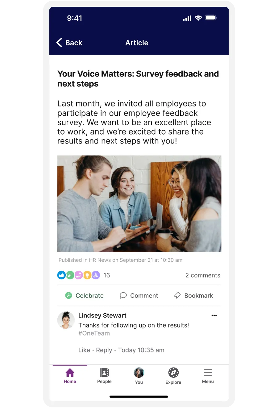 A group of people discussing survey feedback on a phone screen, with a comment from Lindsey Stewart below.