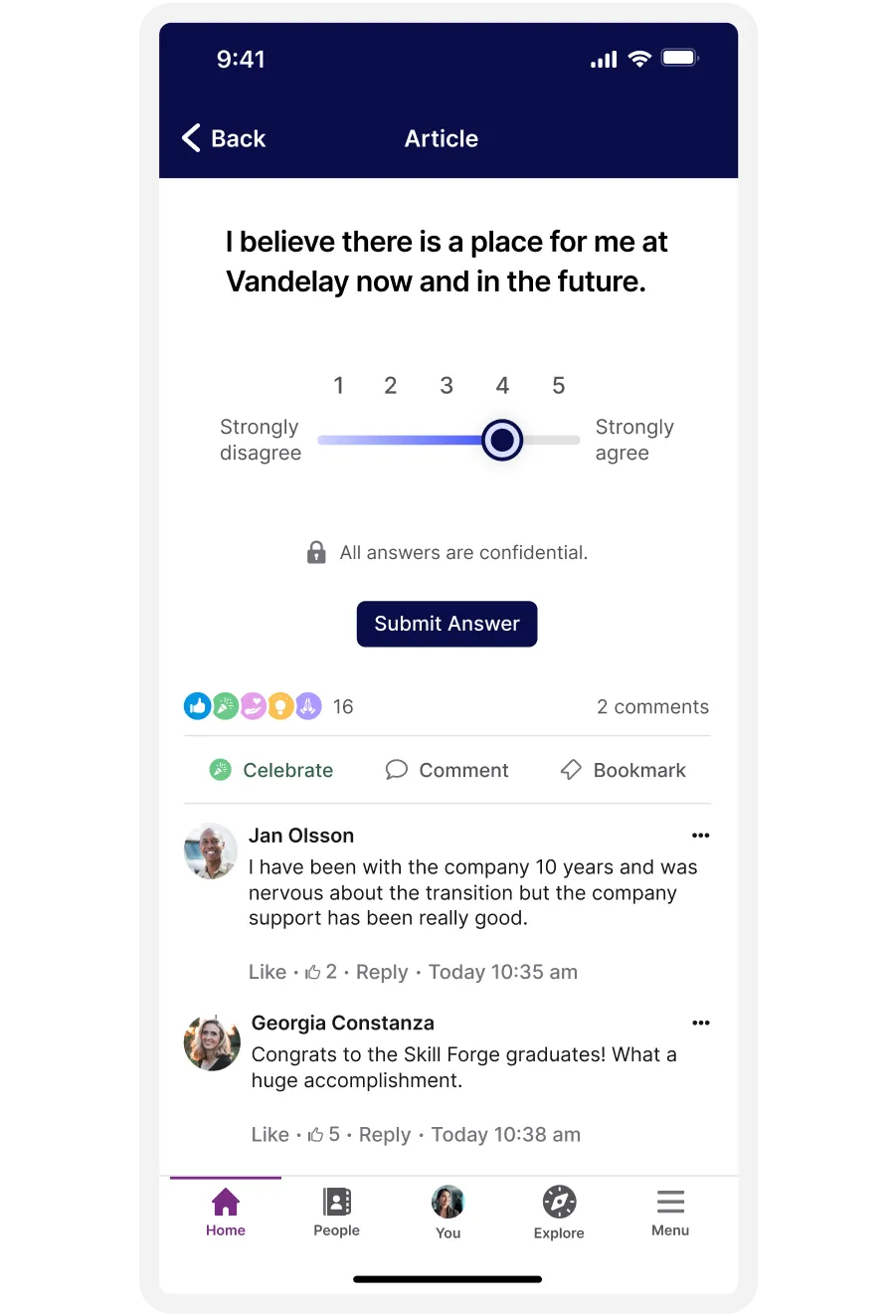 A survey screen with a 5-point agreement scale, comments, and reactions. Users discuss company support and congratulate Skill Forge graduates.