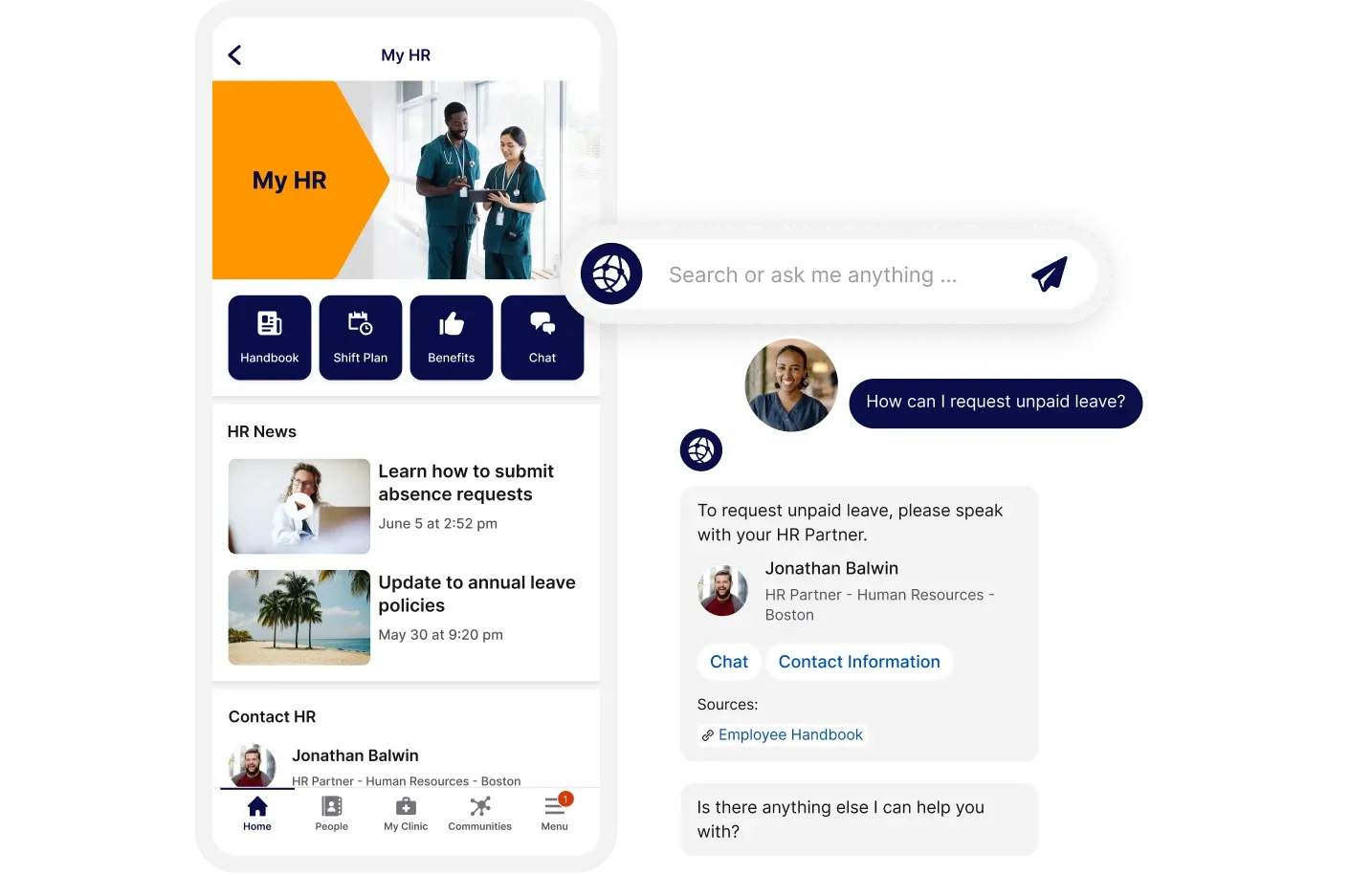 HR app interface showing options for handbook, benefits, and contacts. A chat screen asks about unpaid leave, suggesting speaking with HR.