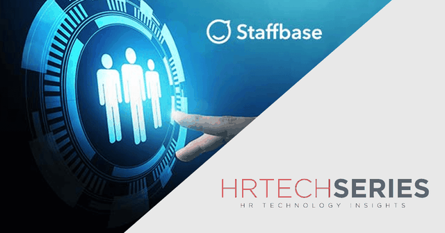 Finger pushing a button on the left side, representing Staffbase, HRTech series logo on the right side