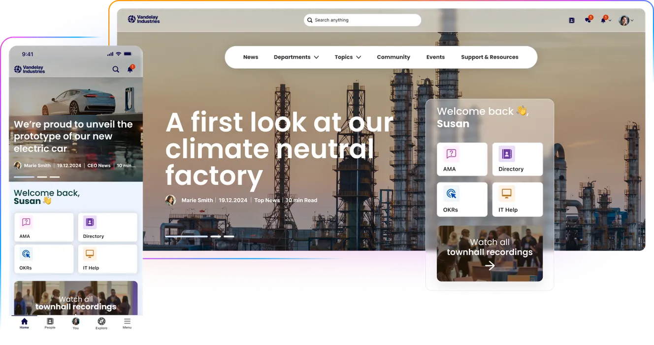 A website and mobile app interface showcasing a climate-neutral factory, featuring news updates, a welcome message, and various navigation options.