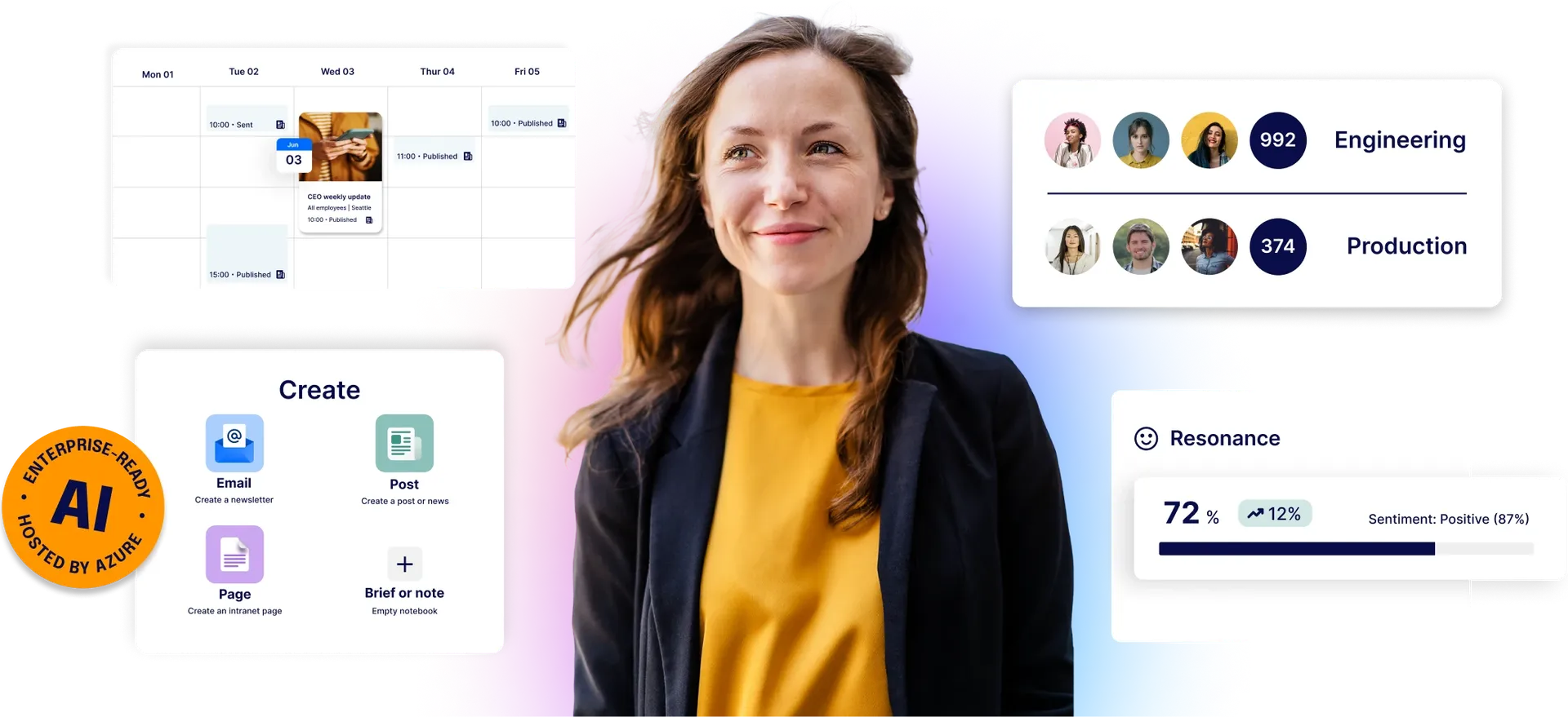 A woman stands confidently, surrounded by digital elements like calendars, user stats, and analytics on a colorful gradient background.