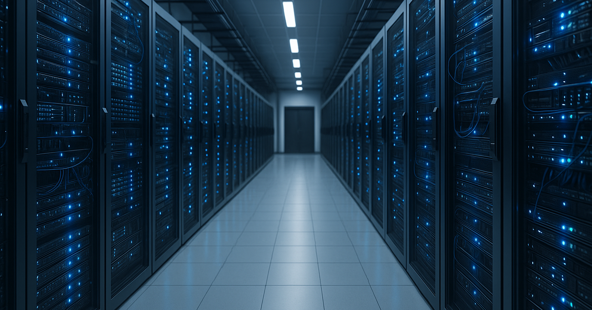 A dimly lit server room with rows of servers on both sides, glowing blue lights, and a tiled floor leading to a closed door.