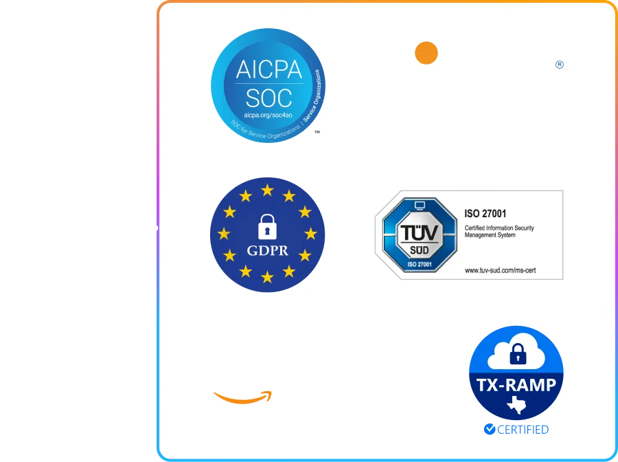 Security certification logos: AICPA SOC, GDPR, ISO 27001, and TX-RAMP Certified, displayed on a white background with a refresh icon.