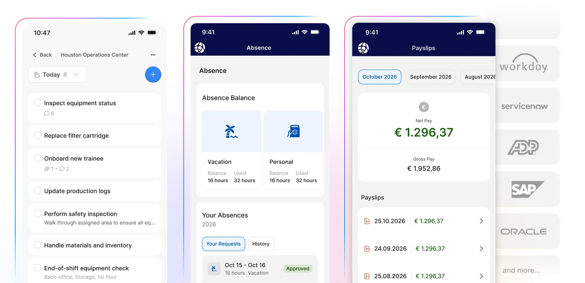 Three mobile app screens showing task management, absence balance, and payslip details, with company logos partially visible on the right.