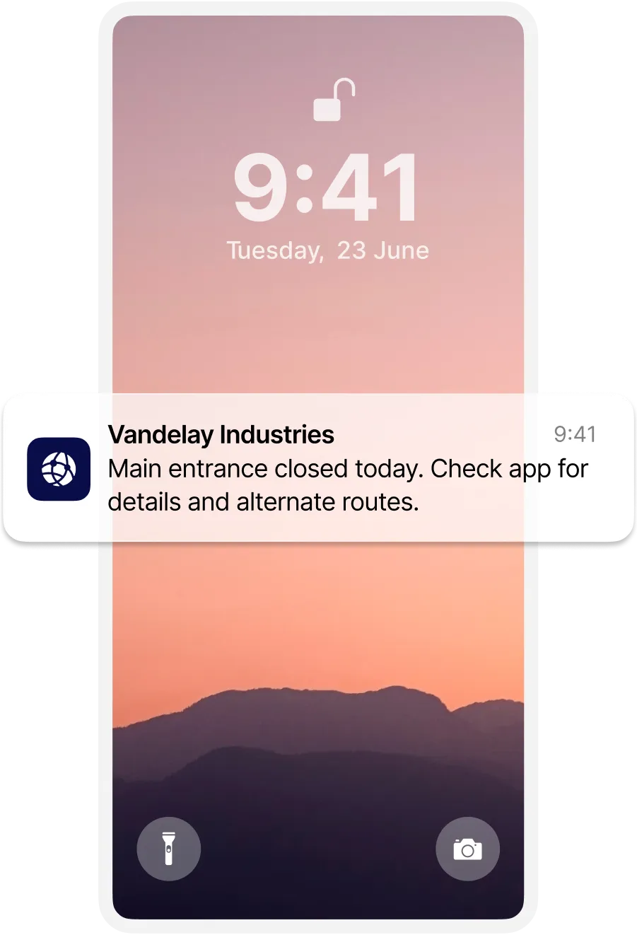 Smartphone lock screen showing a notification from Vandelay Industries about a closed entrance, with a pink-hued mountain landscape background.