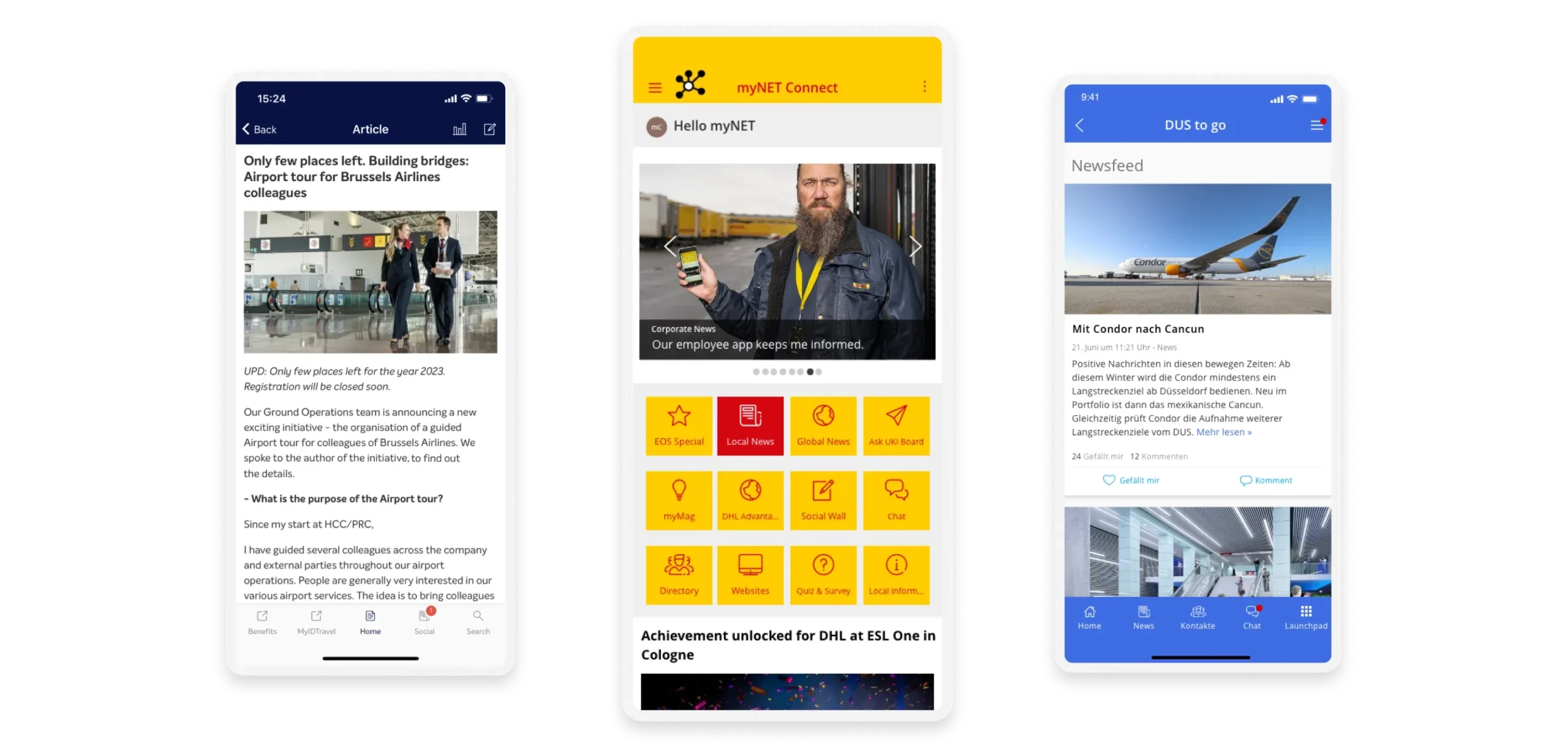 Three smartphone screens displaying different apps with news articles, a yellow menu interface, and a travel-related newsfeed.