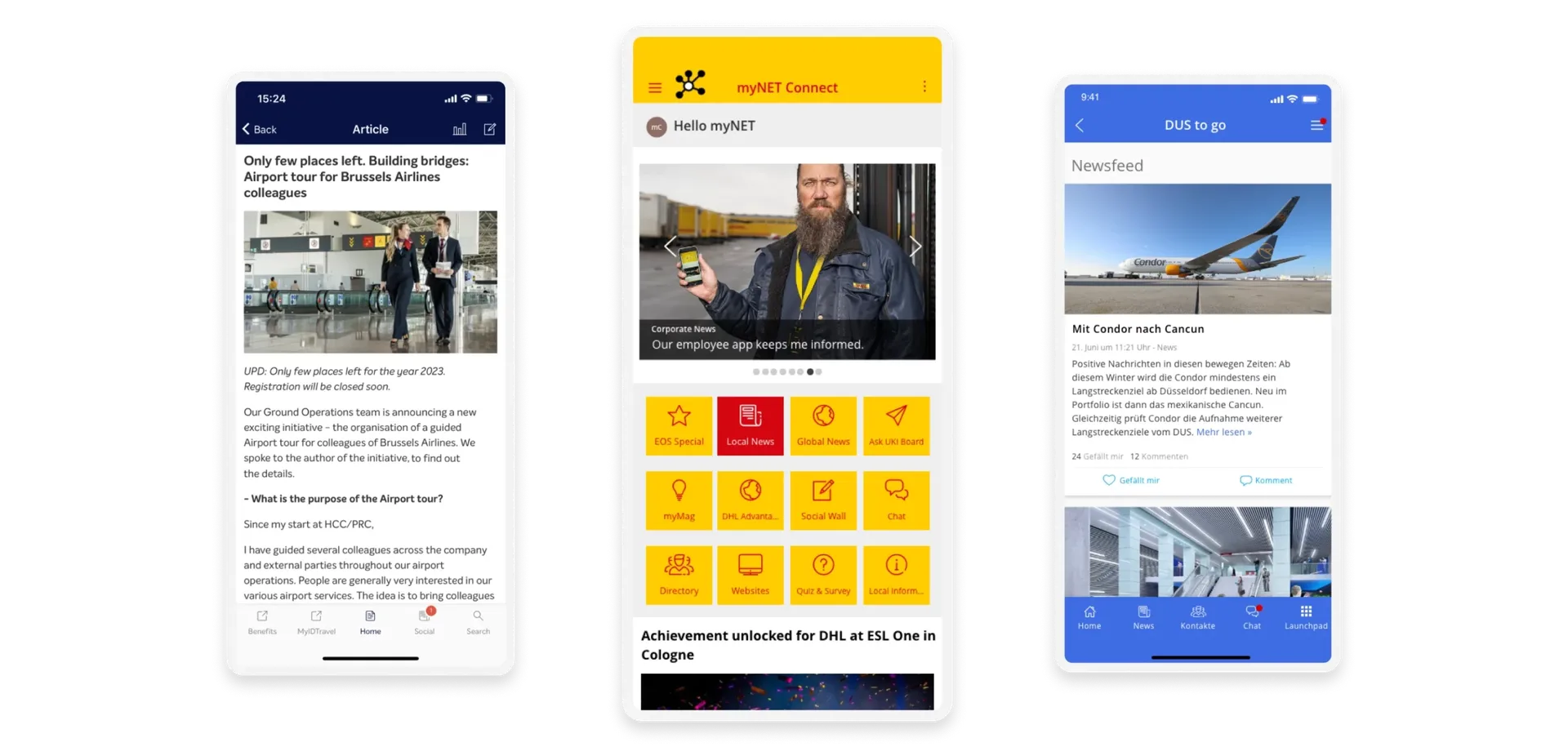 Three smartphone screens displaying different apps with news articles, a yellow menu interface, and a travel-related newsfeed.