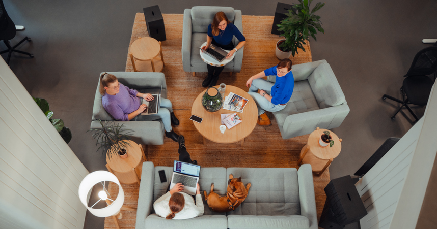group of coworkers and dog seated in a circle with laptops