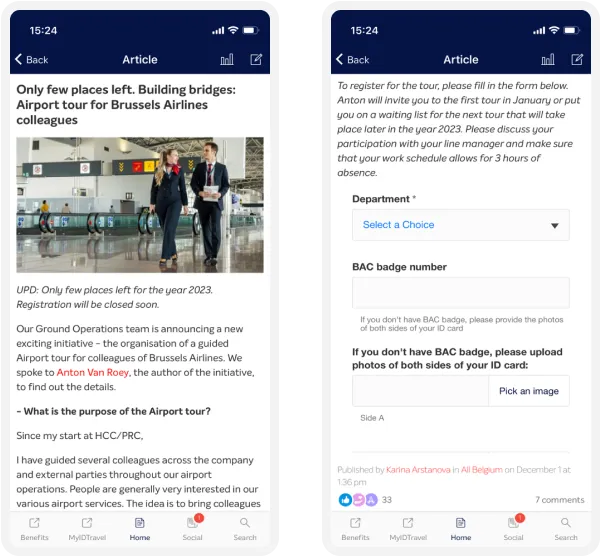 Two smartphone screens showing an article about an airport tour for Brussels Airlines employees, featuring text and an image of people in an airport.
