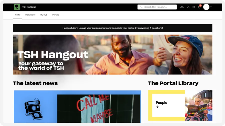 Website interface showing "TSH Hangout" banner, news section with "Call Me Maybe" image, and "The Portal Library" with a smiling person.